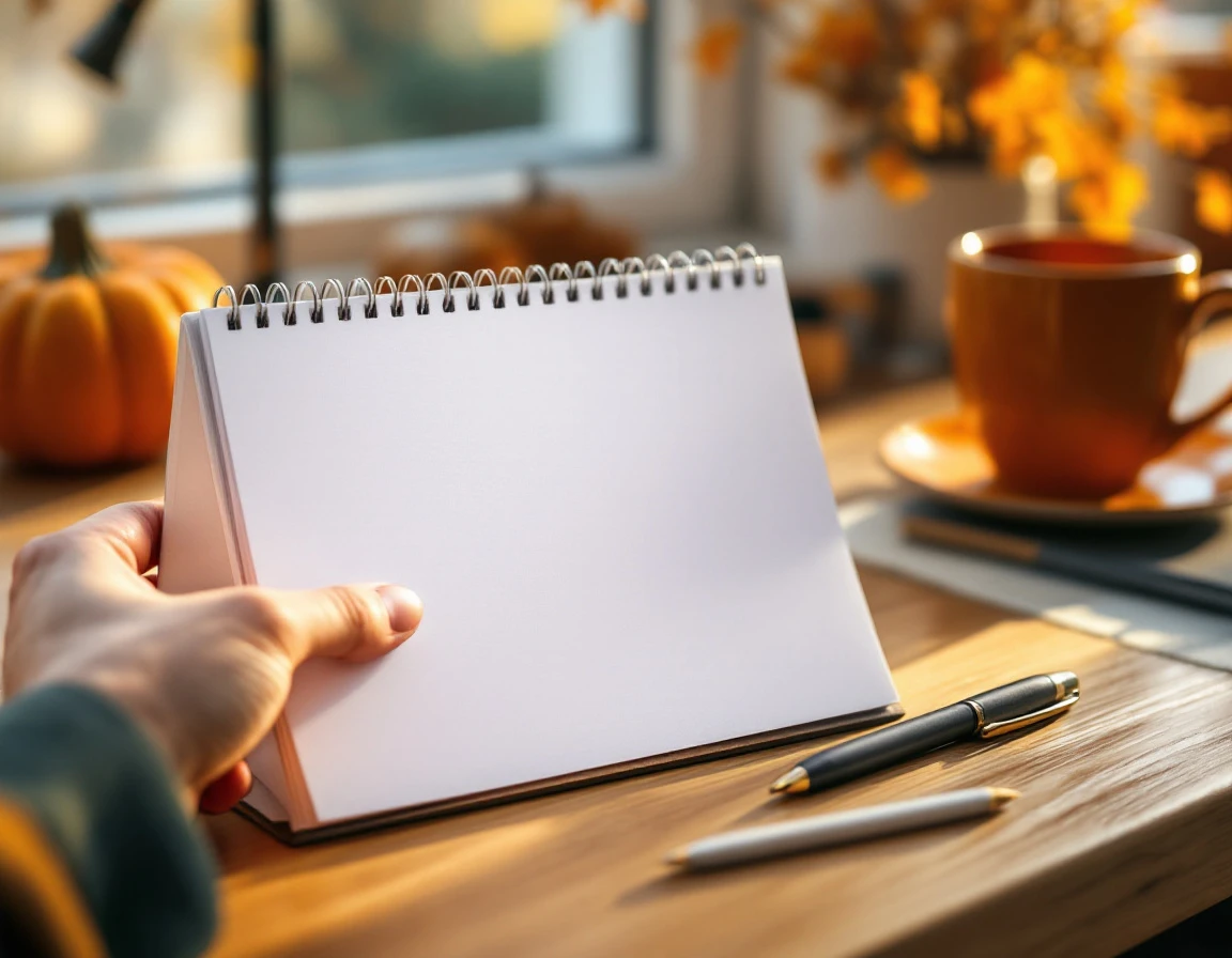 Hand planning over blank calendar with autumn pumpkin decorations on wooden desk