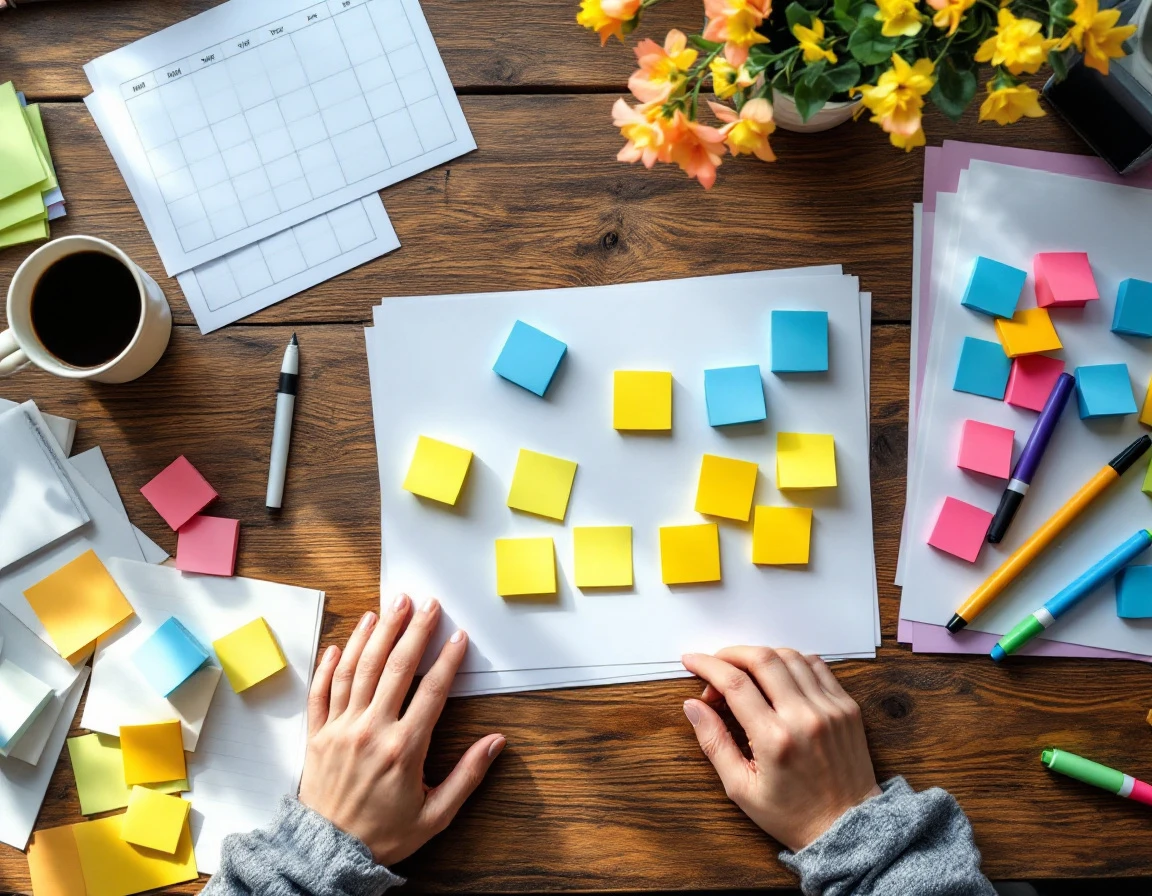 Overhead view of color-coded sticky notes and planning materials arranged on desk for coverage buffer calculations