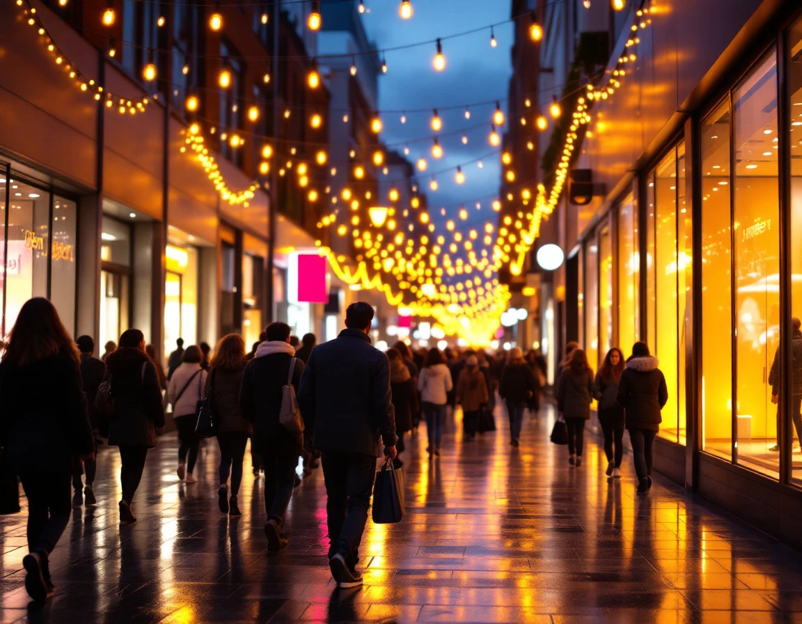 Busy retail street at night with crowds of shoppers walking between illuminated storefronts