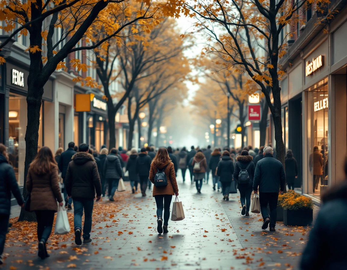 Autumn shopping district with moderate pedestrian traffic on mid-week afternoon showing retail demand patterns