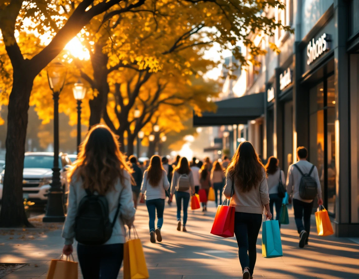 Shoppers with bags walking through retail district during September back-to-school season with autumn foliage