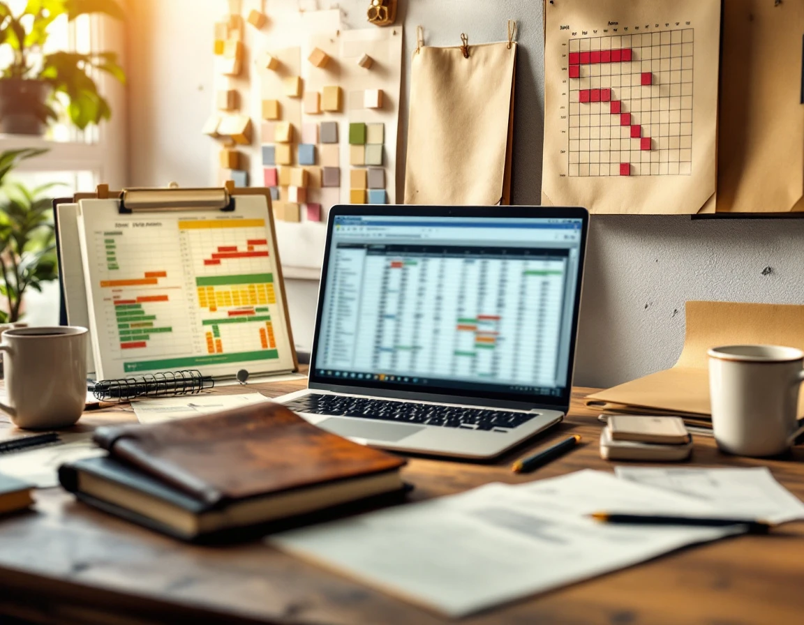 Retail operations manager workspace with planning materials, notebooks, and scheduling tools on wooden desk