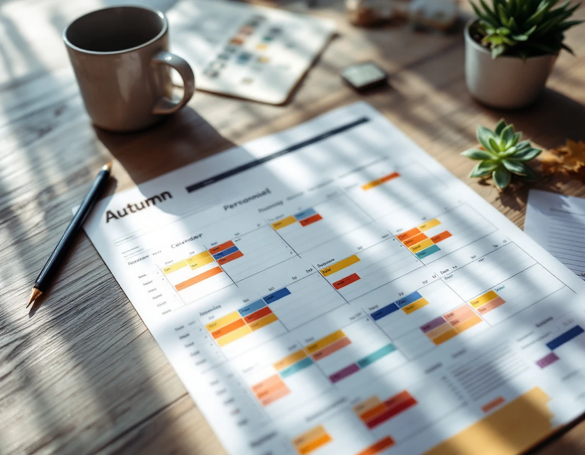 Overhead view of autumn workforce planning calendar with color-coded scheduling blocks on office desk