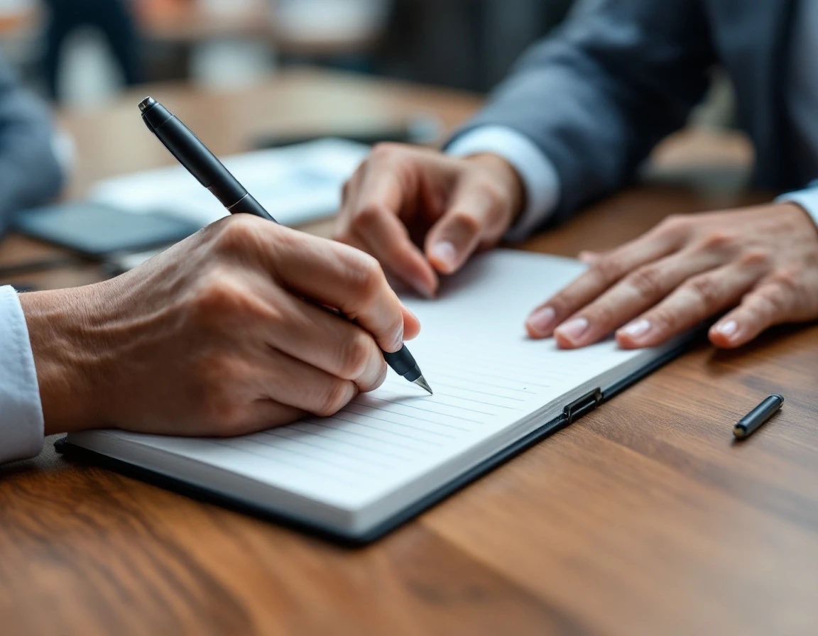 Hands writing performance notes in a blank notepad on a wooden desk during employee evaluation process