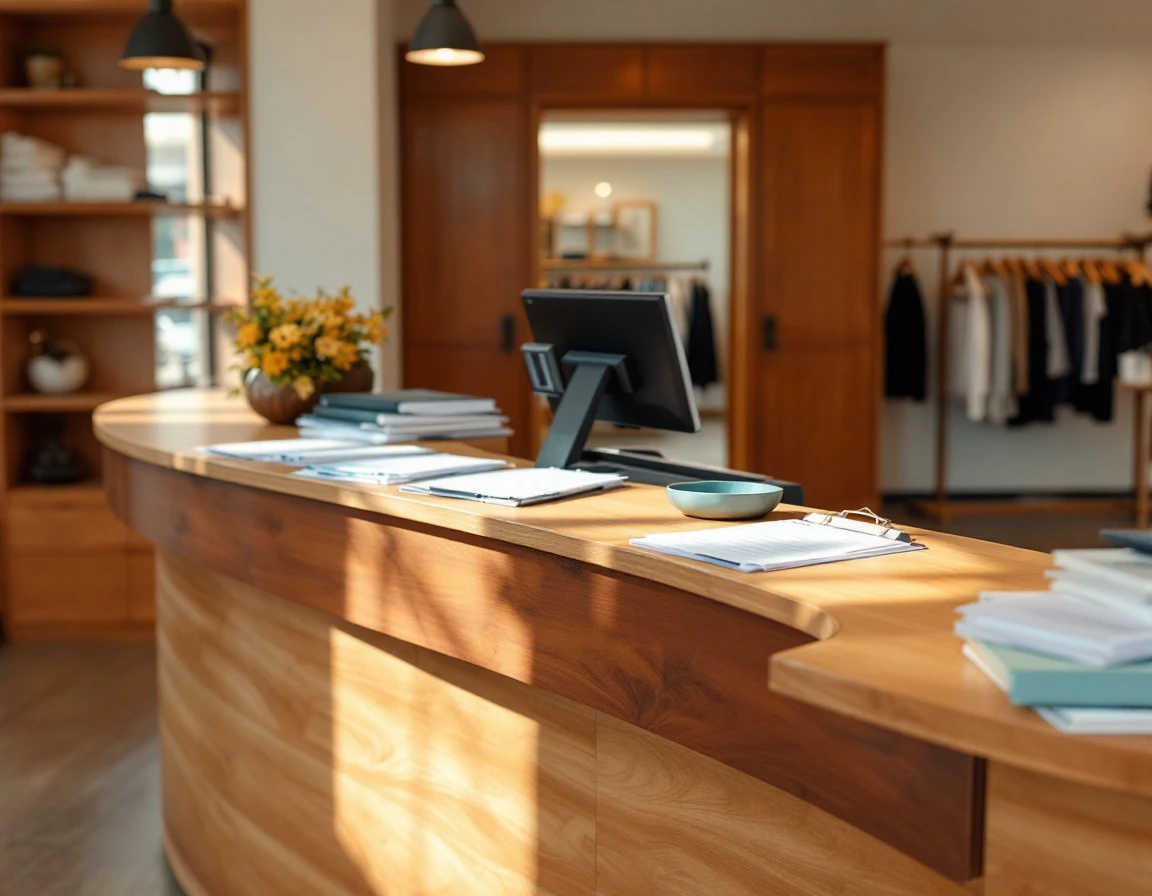 Retail service desk with organized workspace showing distinct station areas in modern boutique setting