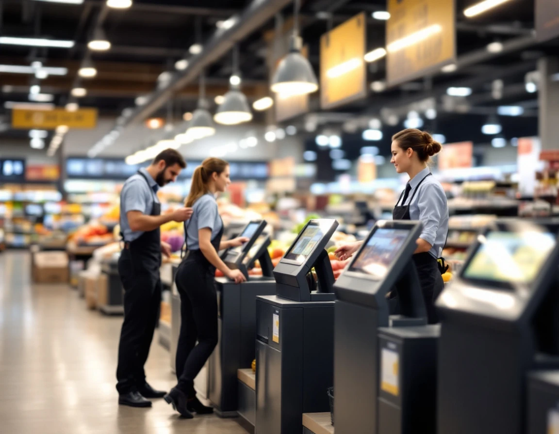 Retail employees monitoring self-checkout kiosks in a modern grocery store environment