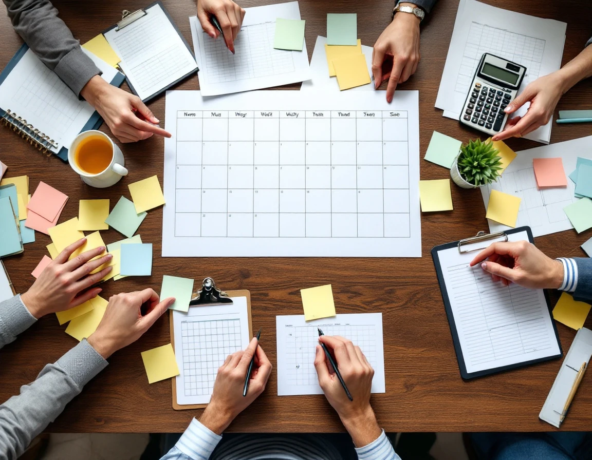Overhead view of retail managers collaborating around workforce scheduling calendar with color-coded planning notes