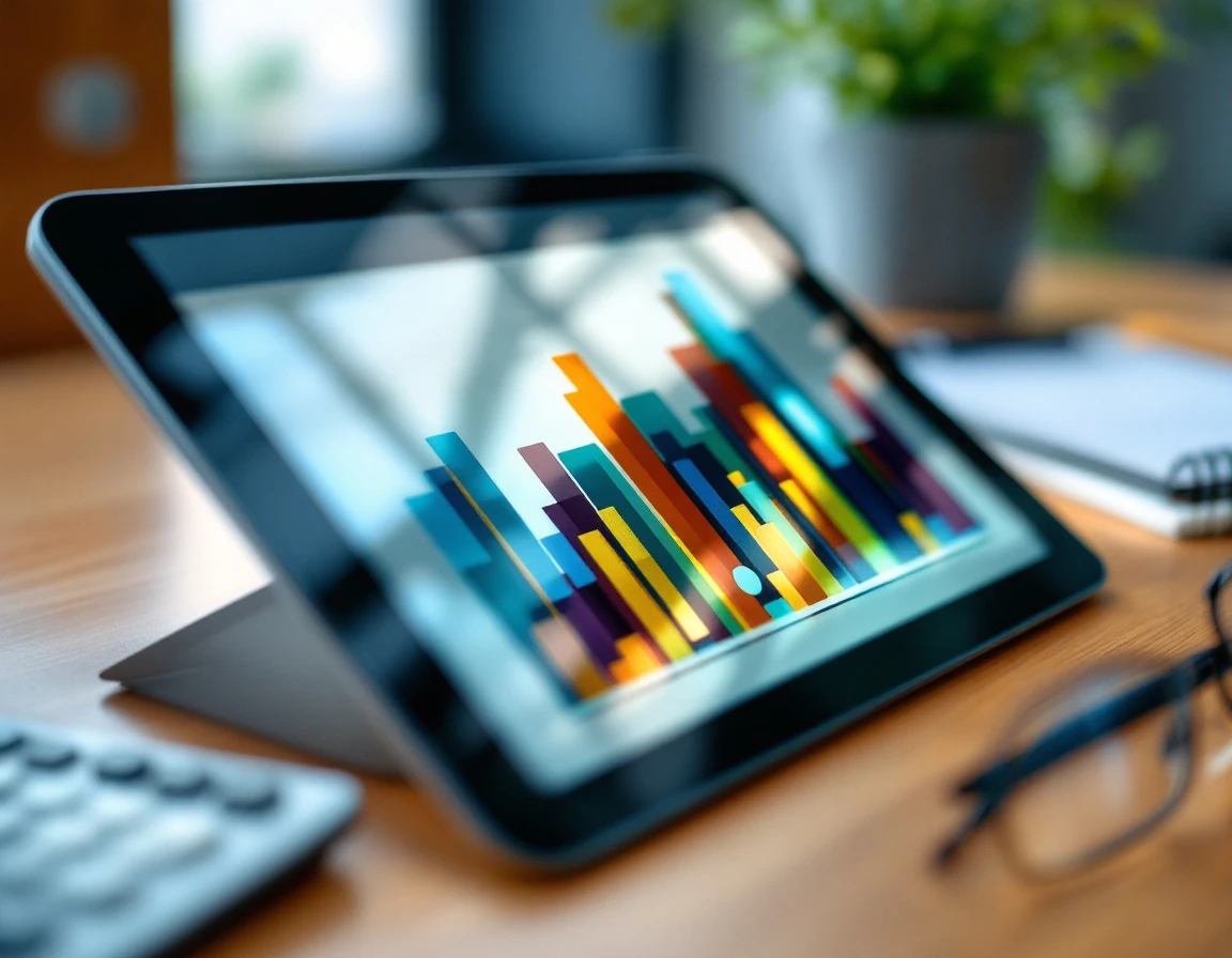 Tablet displaying blurred analytics data on wooden desk with calculator and business planning materials