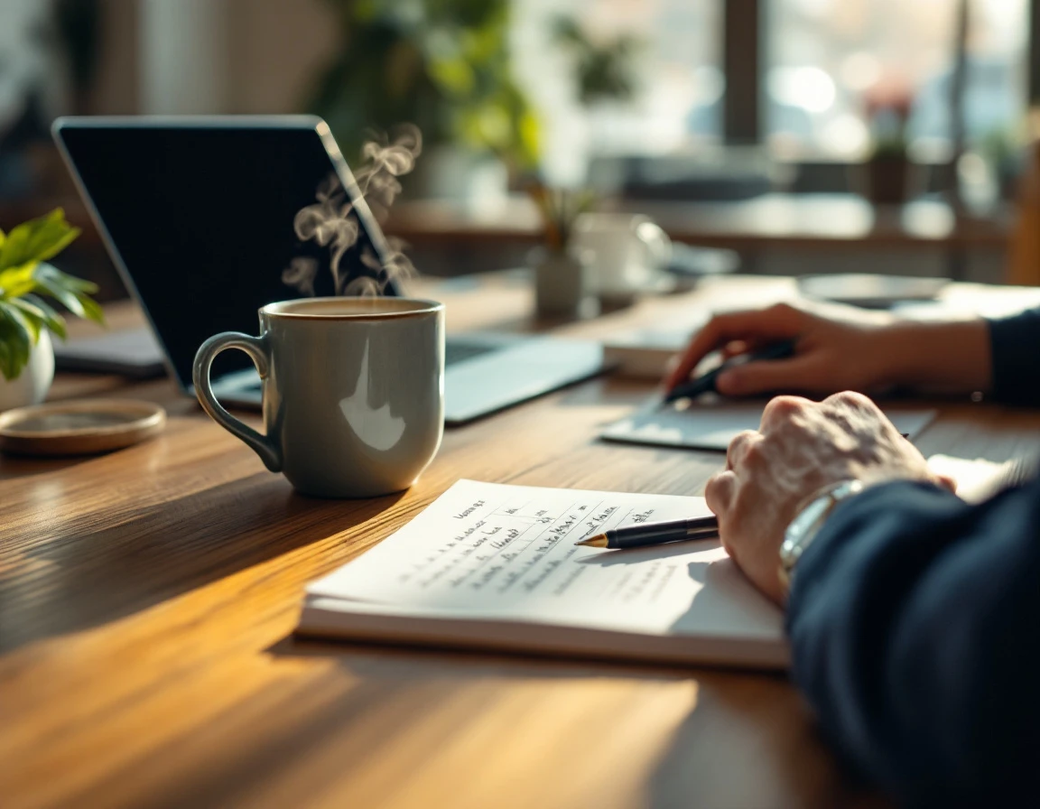 Manager's desk with coffee and scheduling notepad in natural morning light showing planning workflow