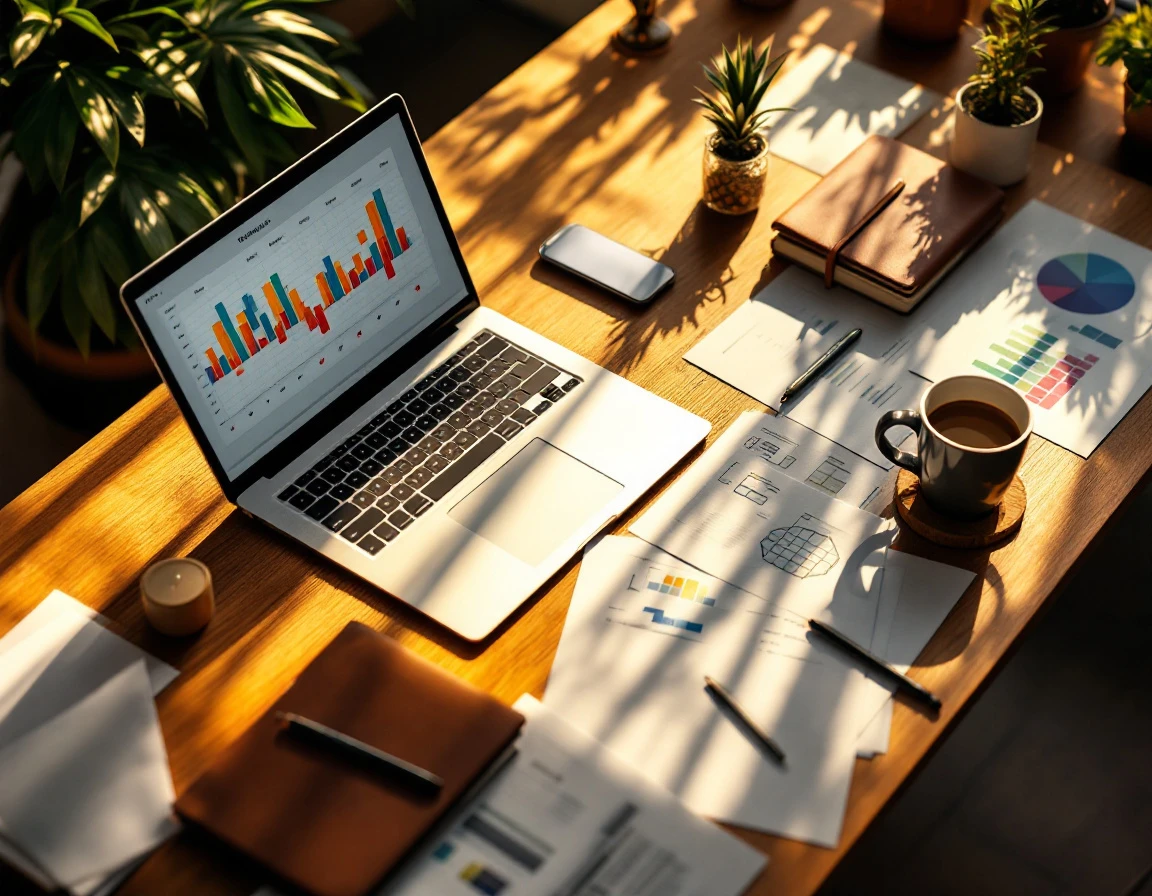 Overhead view of office desk with laptop showing scheduling grids and planning documents during golden hour