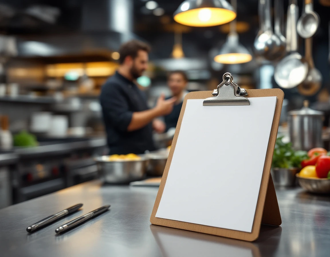 Blank clipboard on stainless prep counter in professional QSR kitchen with manager training staff