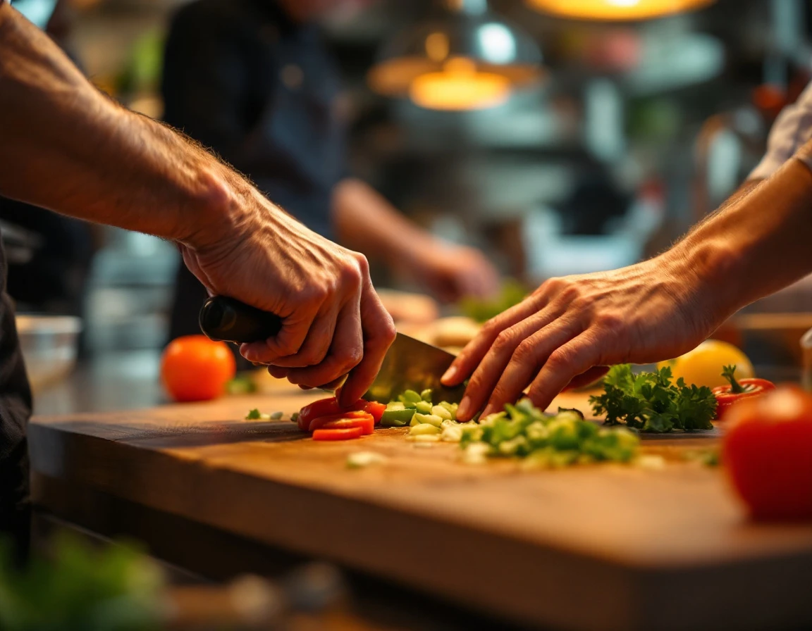 Experienced kitchen hands training staff member on knife techniques in fast-casual restaurant environment