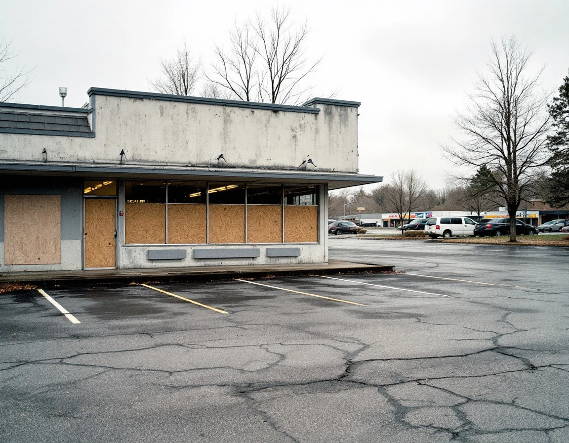 Abandoned restaurant in retail strip mall with boarded windows and empty parking lot showing operational failure