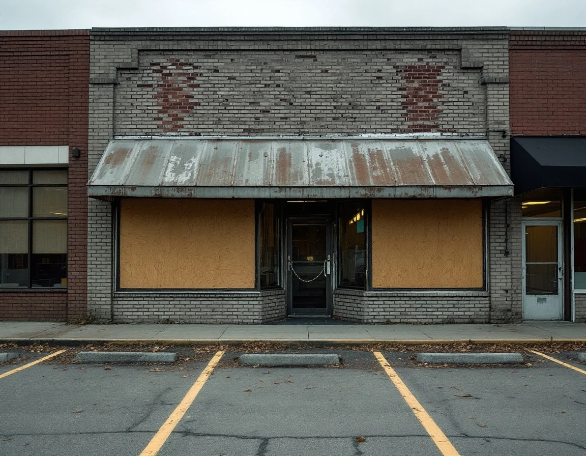 Shuttered restaurant storefront with boarded windows and empty parking lot showing operational failure