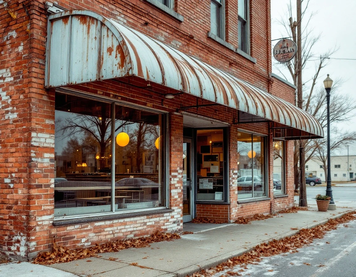 Vacant restaurant storefront with weathered brick facade and empty windows after permanent closure