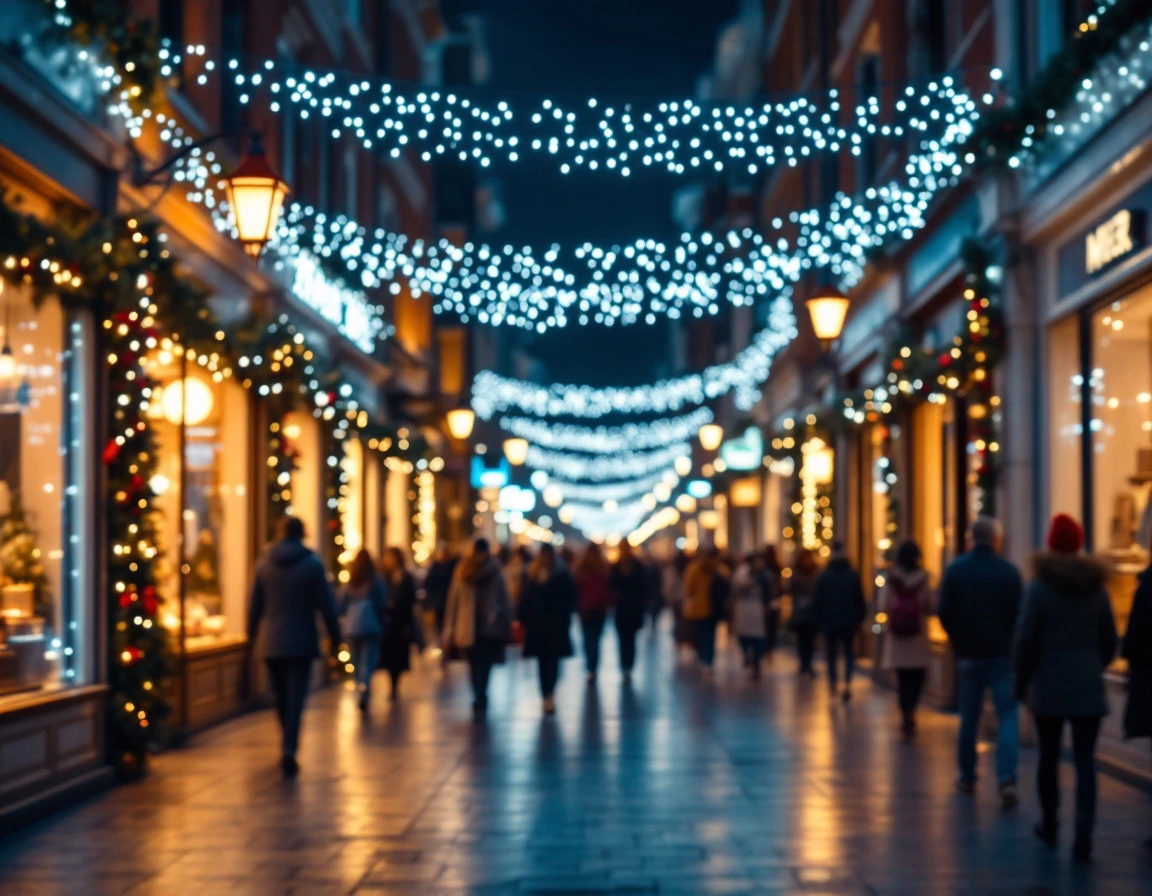 Shoppers browsing holiday-decorated retail storefronts on a festive nighttime shopping street