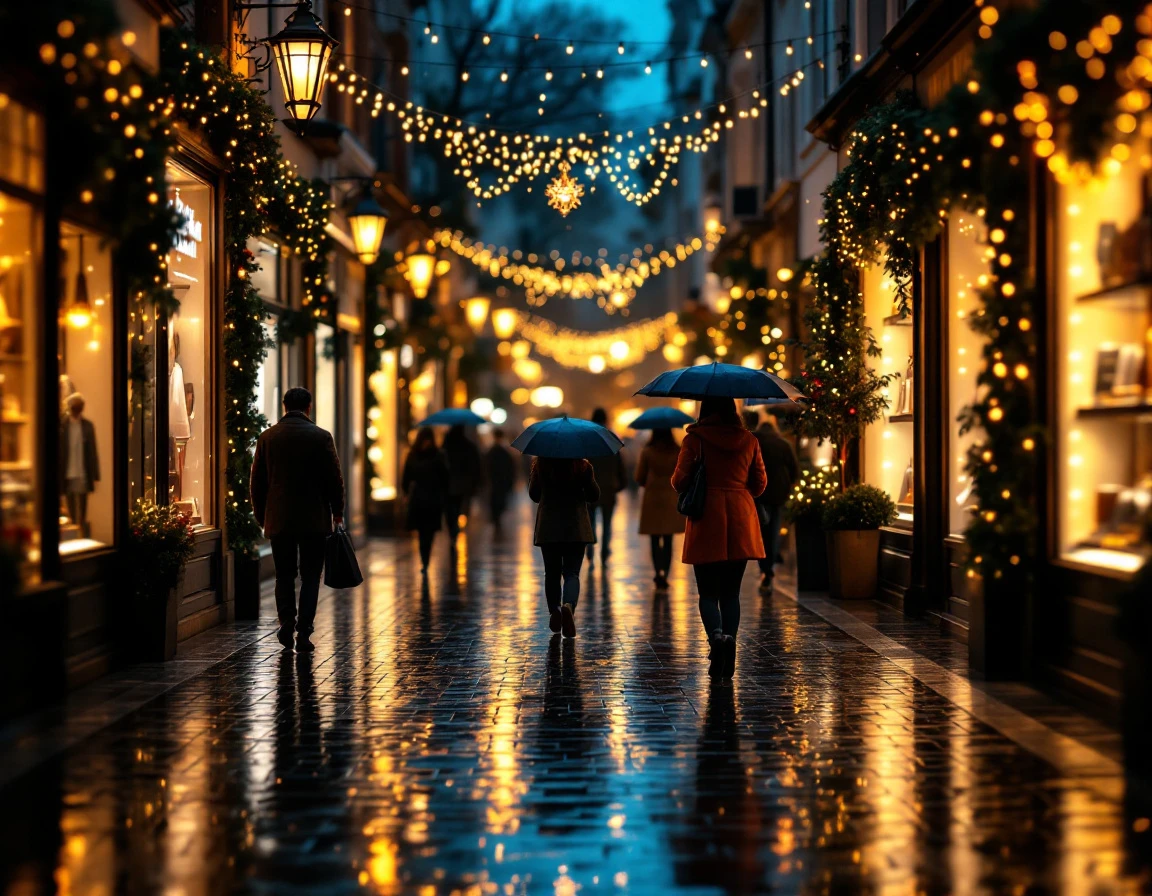 Rain-slicked evening shopping street with pedestrians and illuminated storefronts during holiday retail season