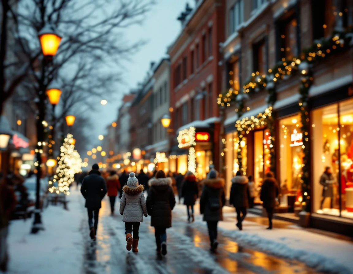 Urban retail district during holiday season with shoppers and illuminated storefronts at dusk