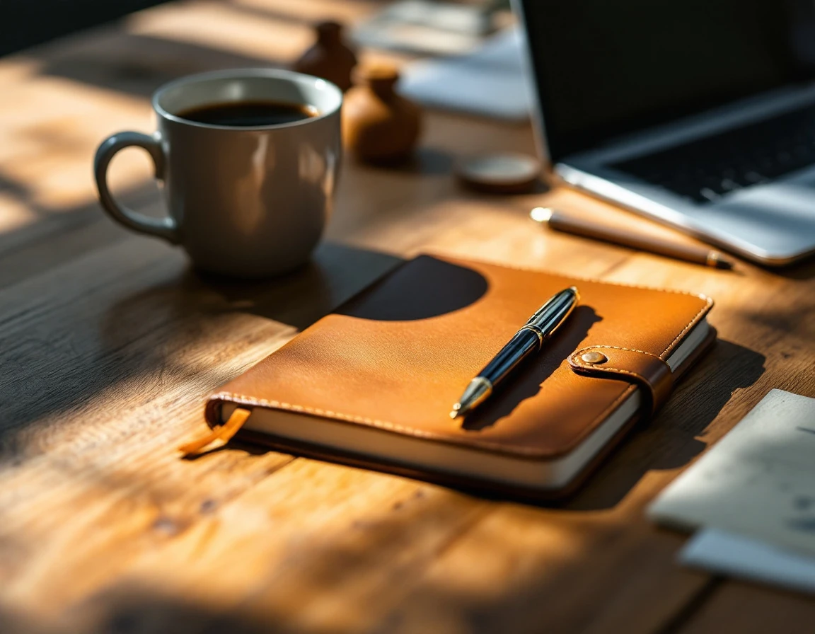 Wooden desk with coffee mug, notebook and pen illuminated by natural morning light