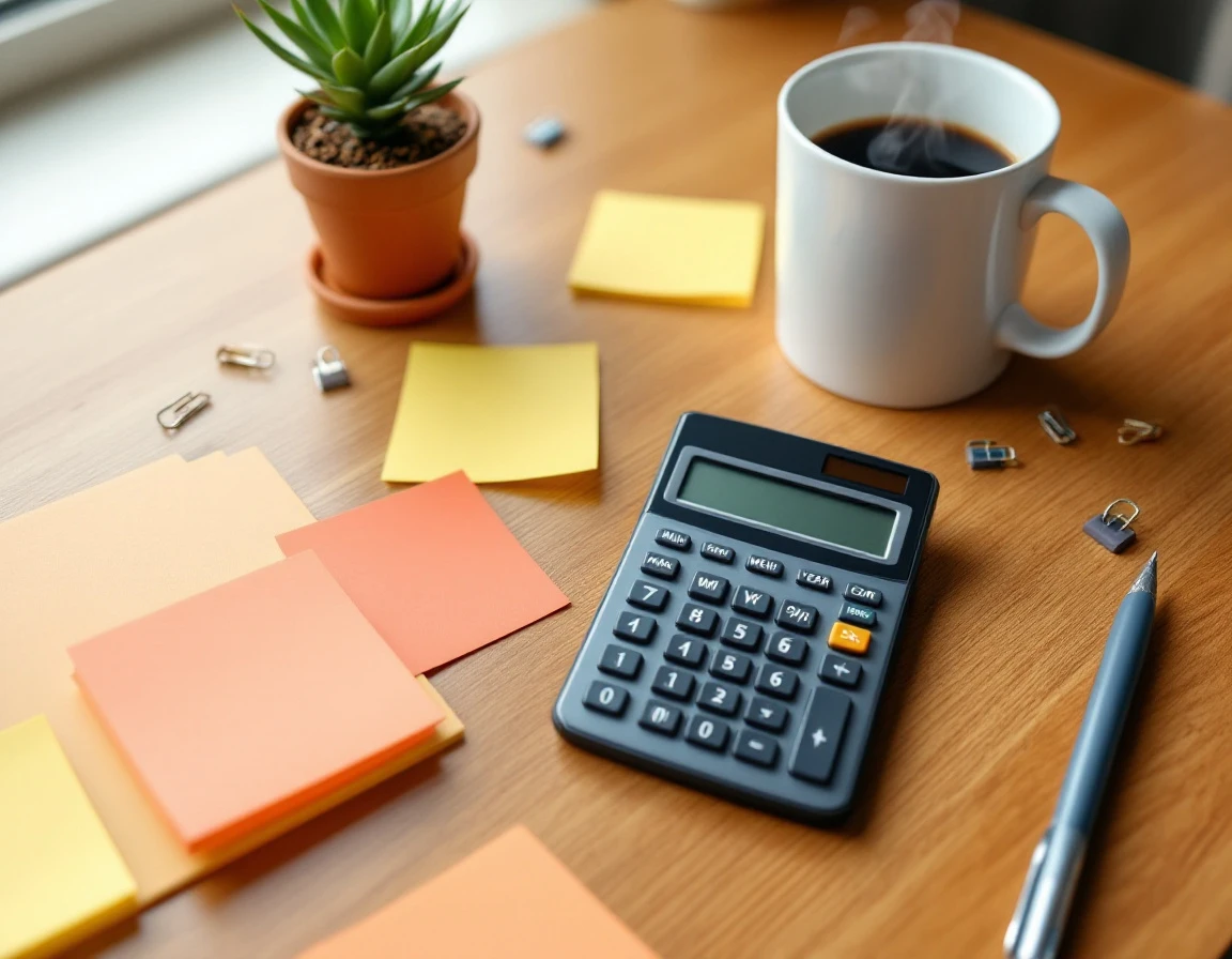 Office desk with calculator, coffee, and planning materials for mid-year workforce review