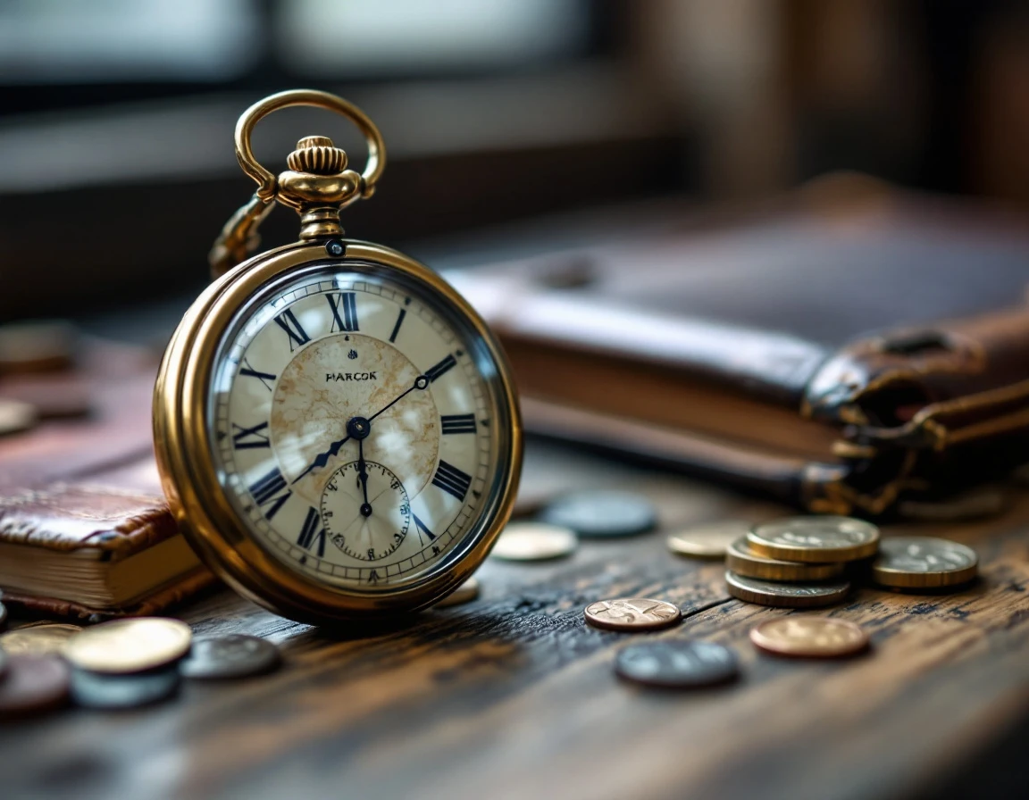 Vintage brass pocket watch on wooden retail counter with natural window lighting and blurred financial ledger