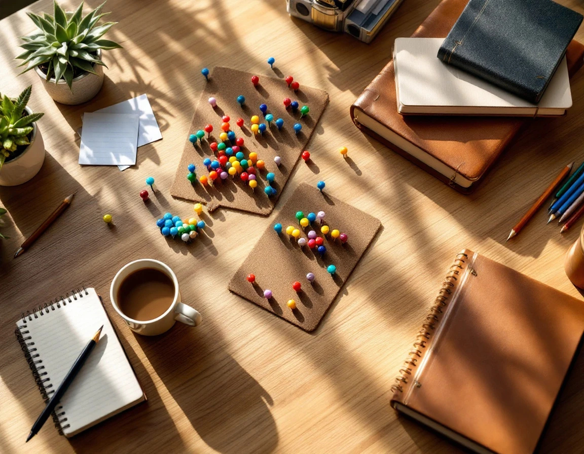 Overhead view of retail planning workspace with colored push pins on cork board and coffee mug on wooden desk