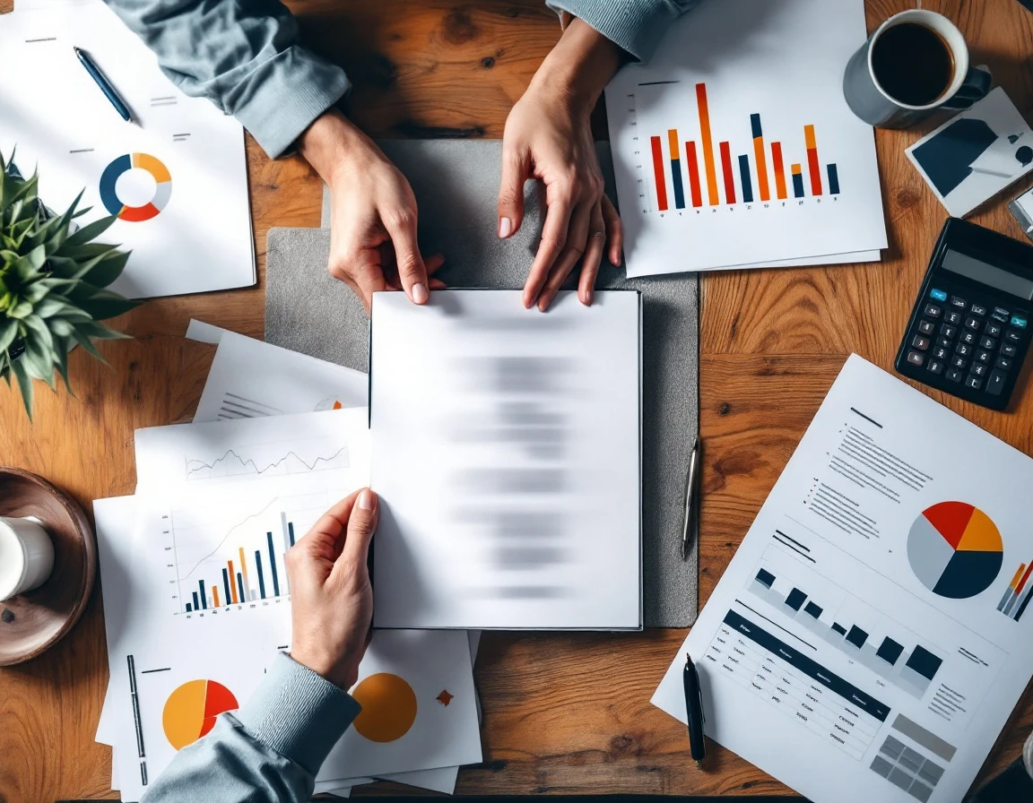 Hands reviewing financial charts and analysis documents on a wooden desk workspace