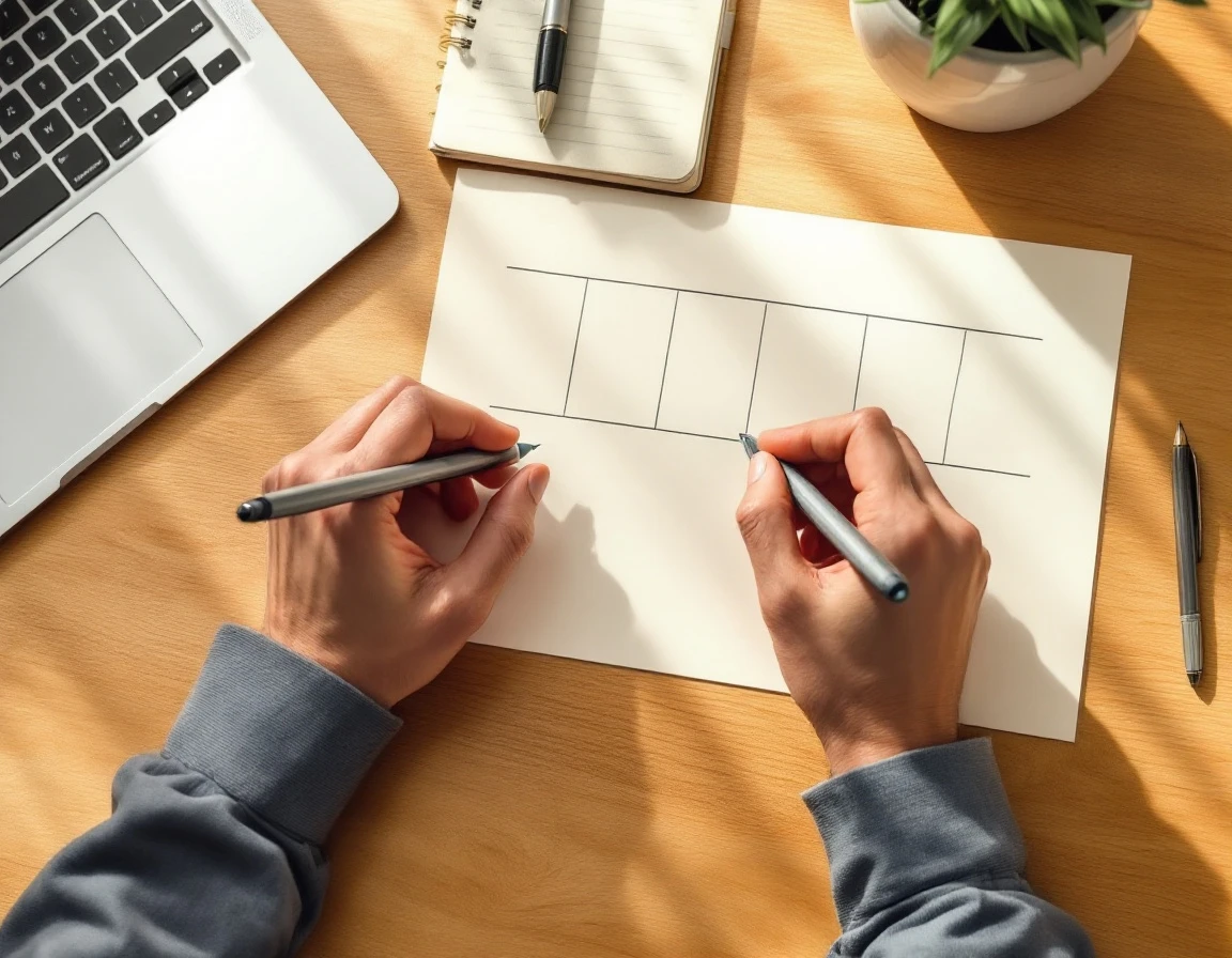 Hands marking a timeline chart on paper at a wooden desk during workforce planning session