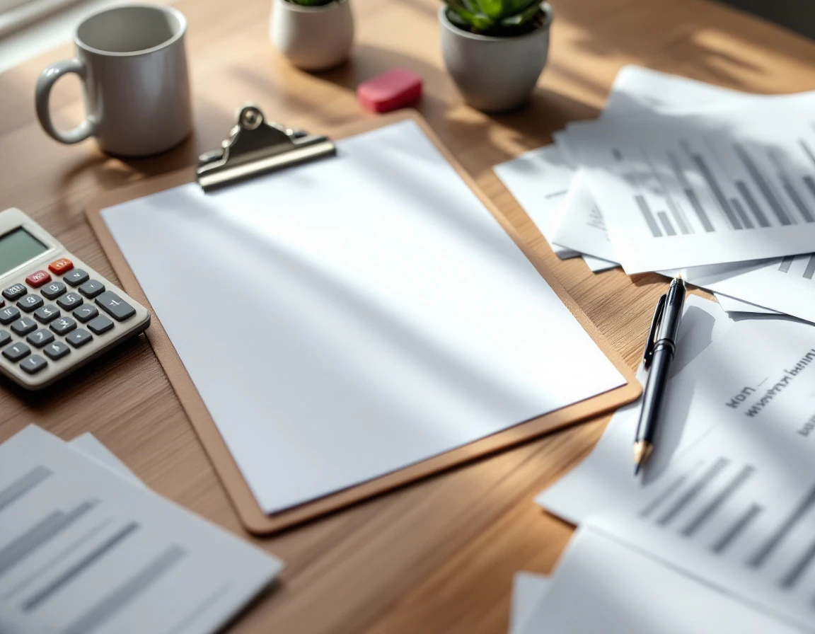 Workspace with blank planning documents, calculator, and coffee mug on wooden desk