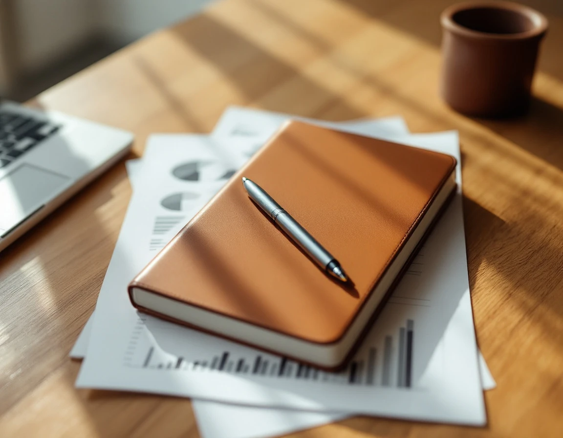 Closed leather notebook and planning papers on wooden desk with natural lighting for Q4 business forecasting