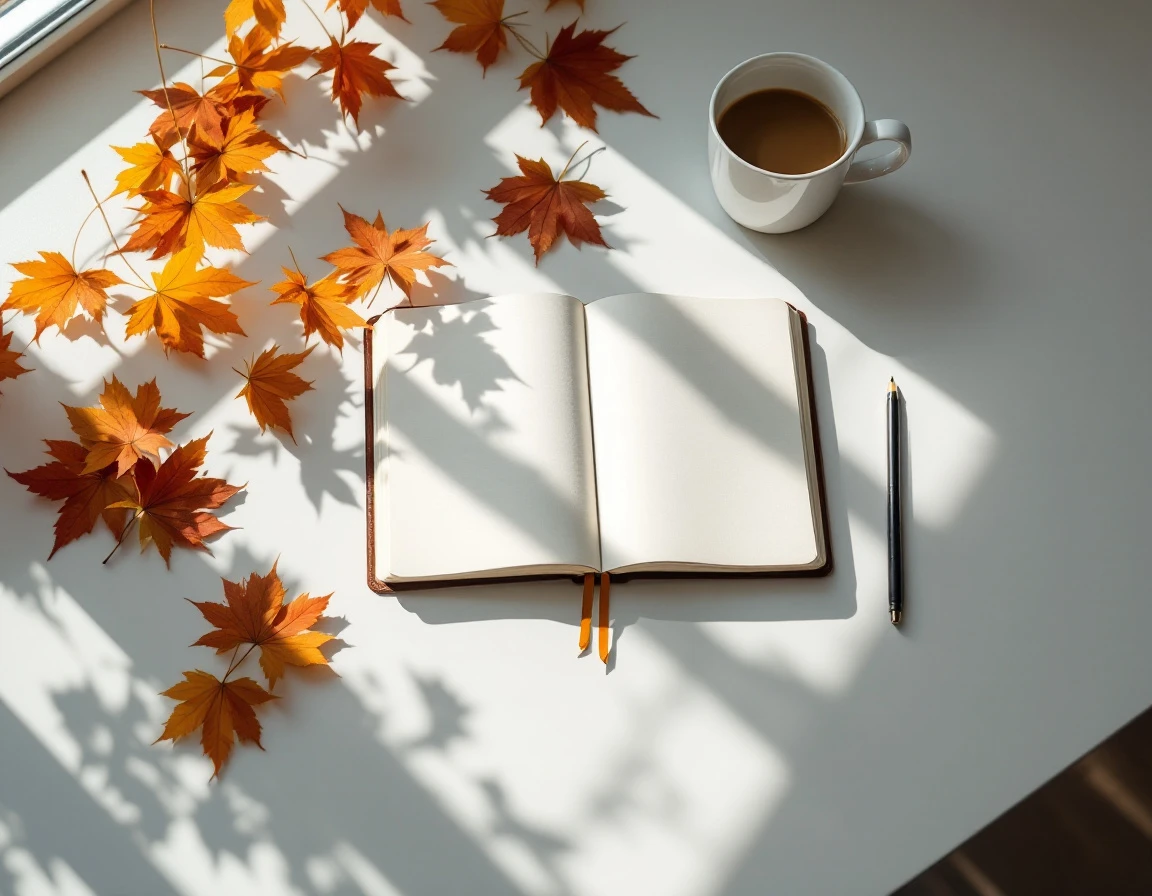 Workspace desk with notebook and autumn leaves during late summer business planning season