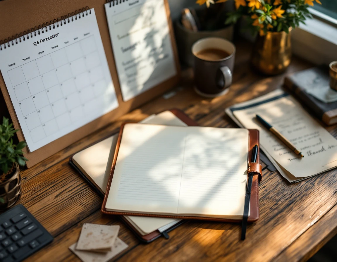 Wooden desk workspace with leather planner and Q4 forecasting materials in natural window light