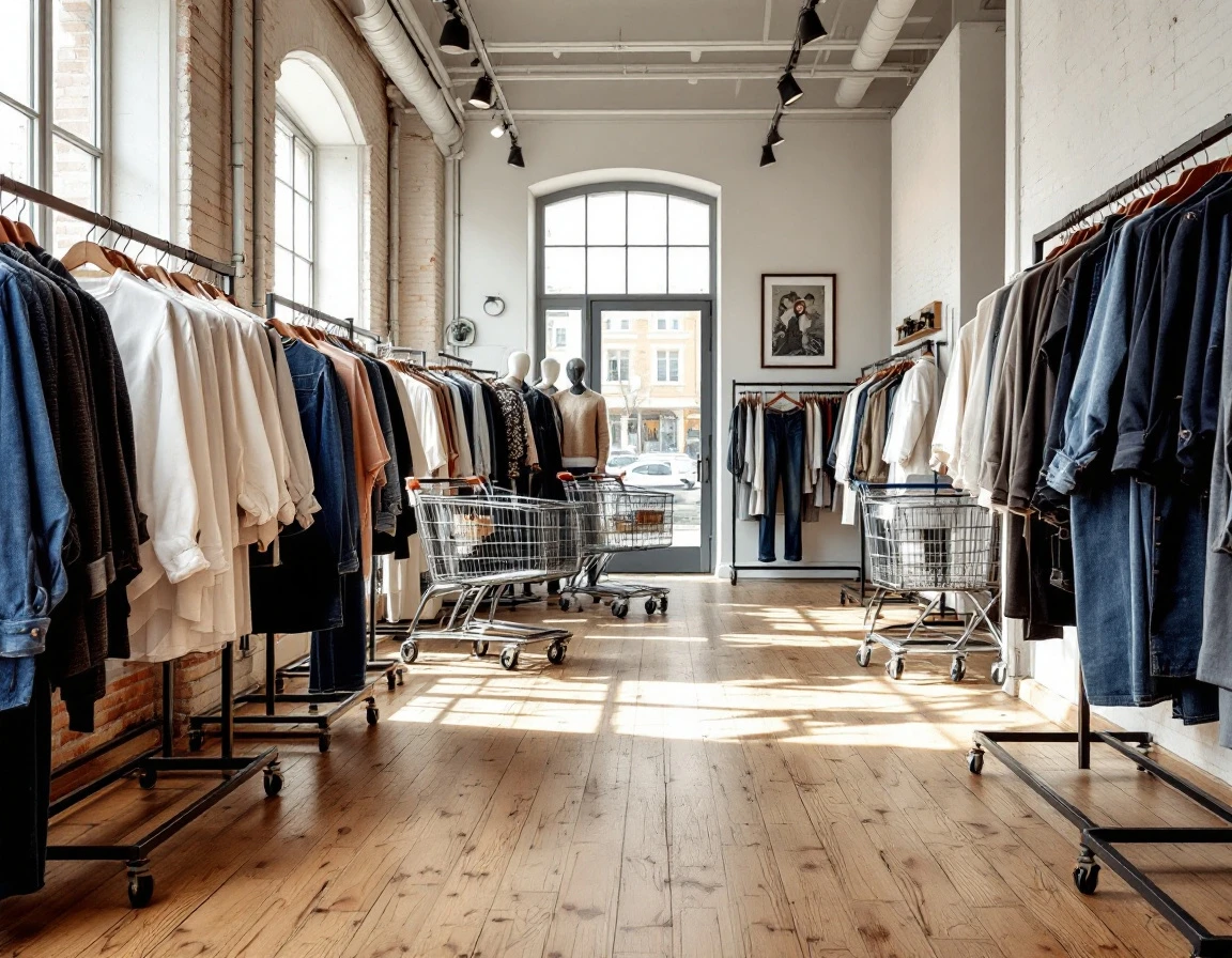 Retail clothing floor showing strategic merchandise zones and customer pathways with natural lighting