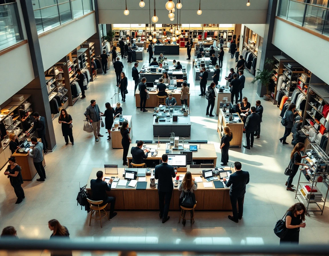 Elevated view of retail staff positioned at service points throughout a busy store during peak hours