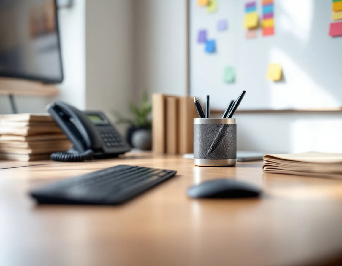 Office desk with keyboard, planning tools, and organizational accessories in natural window light