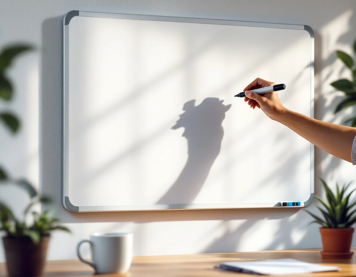 Blank office whiteboard with marker and desk accessories in professional setting