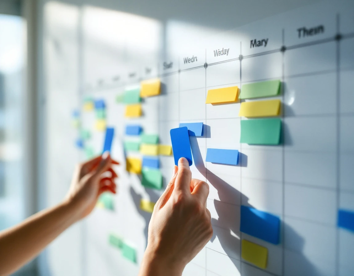 Hands arranging color-coded shift markers on a wall-mounted staff scheduling board