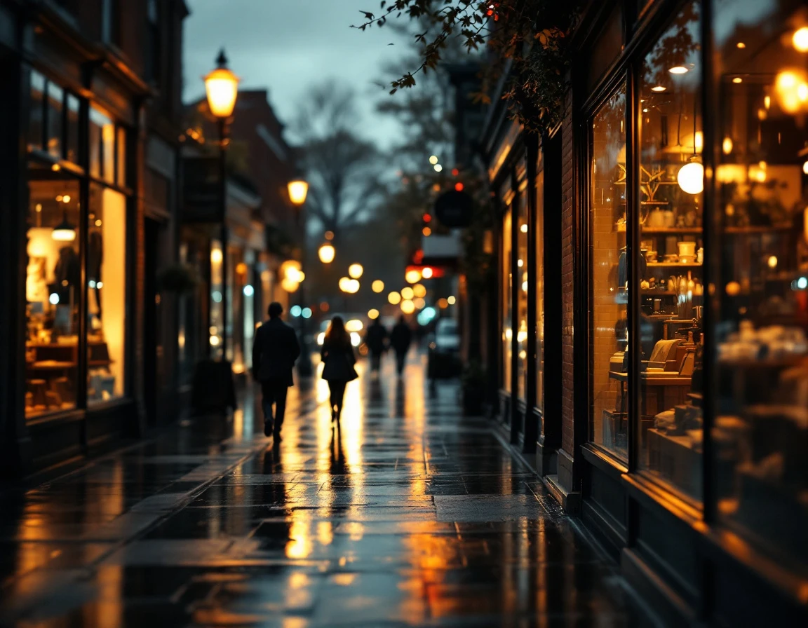 Wet retail street at dusk with shop lights reflecting on pavement during evening shopping hours