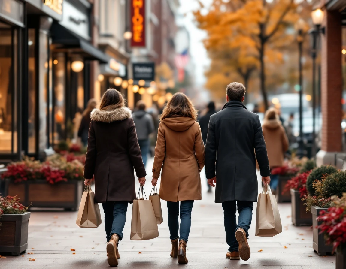 Shoppers carrying bags walk through upscale retail district during autumn holiday shopping season