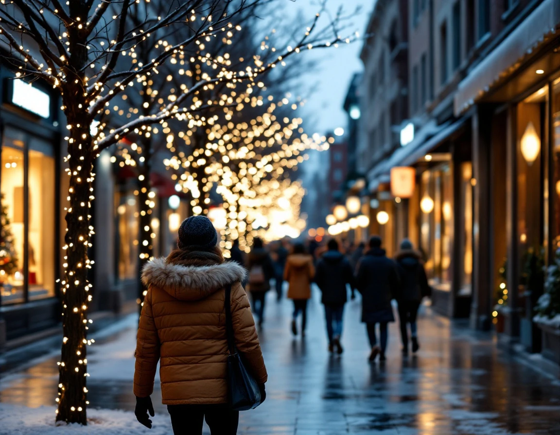 Winter evening shopping street with holiday lights and moderate foot traffic during seasonal retail period