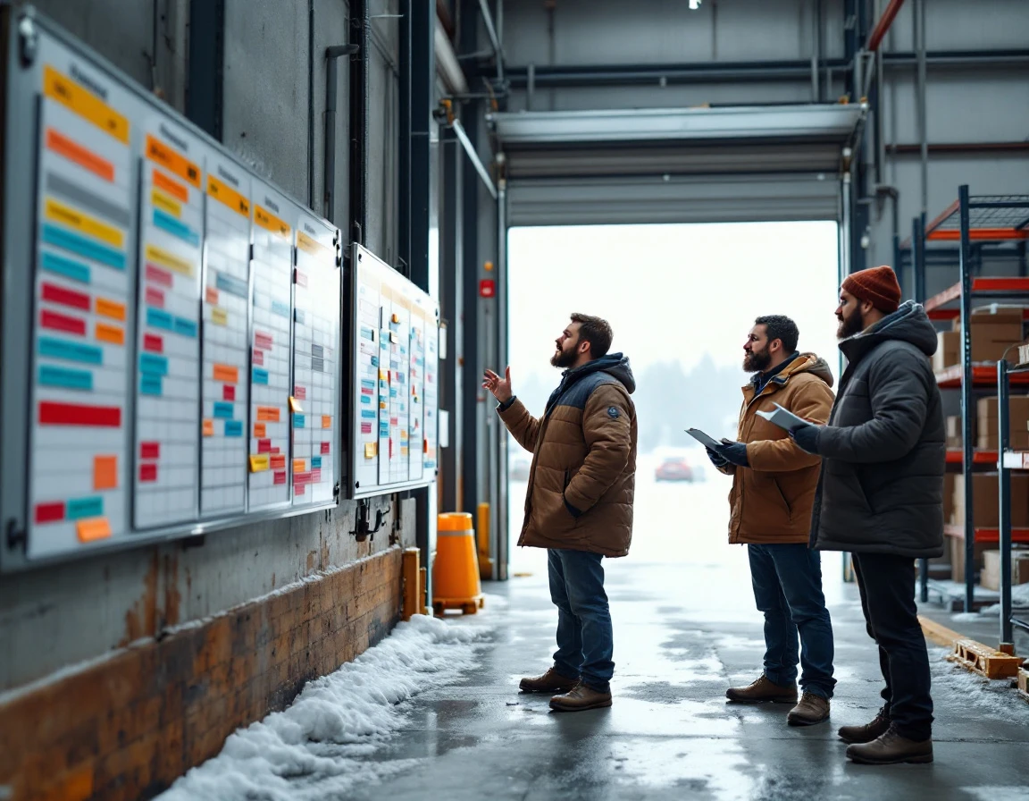 Warehouse workers reviewing color-coded scheduling boards on winter loading dock during peak season