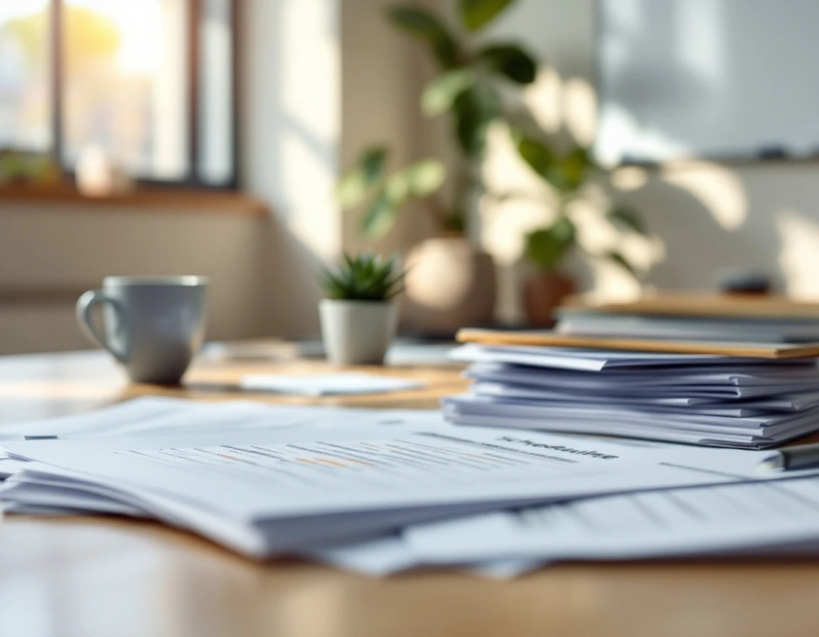 Office desk with coffee, plant, and scheduling papers during peak season overtime planning