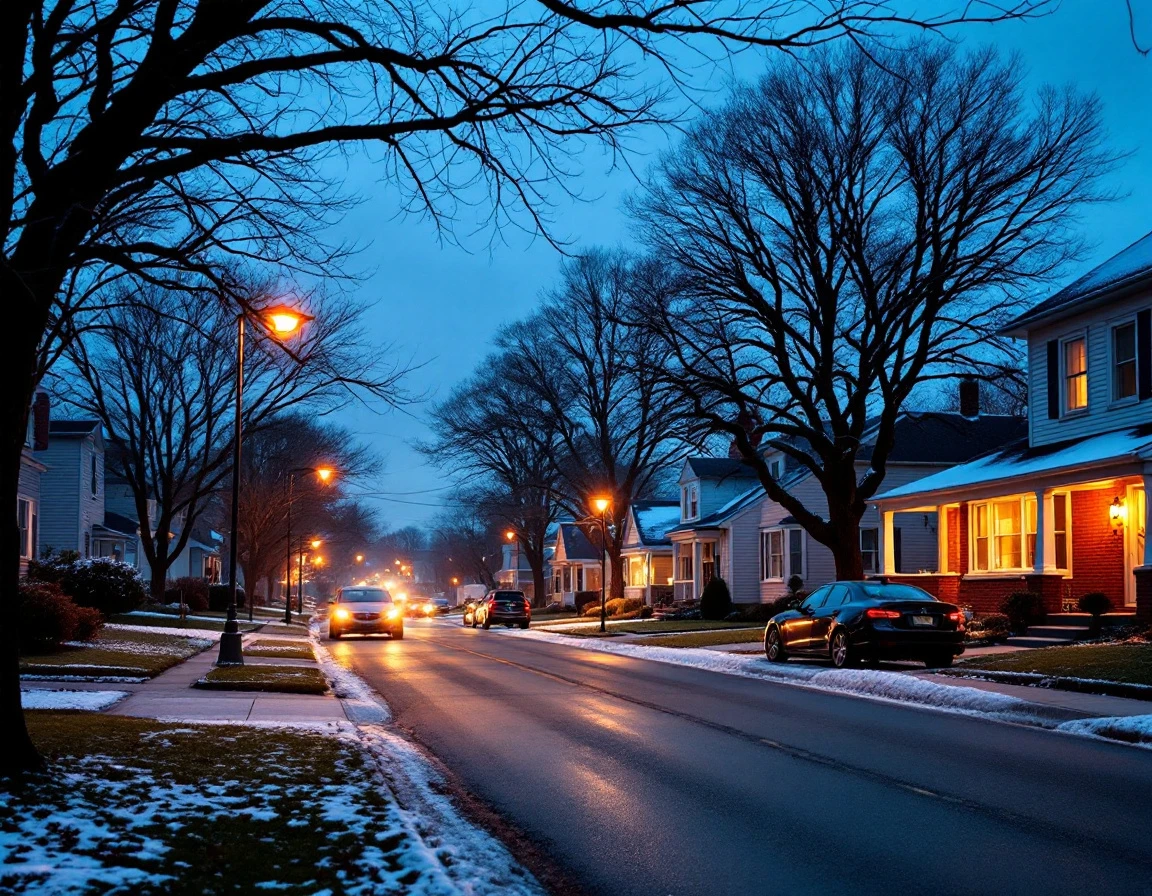 Suburban residential street at twilight with homes lit by warm porch lights before the holiday season