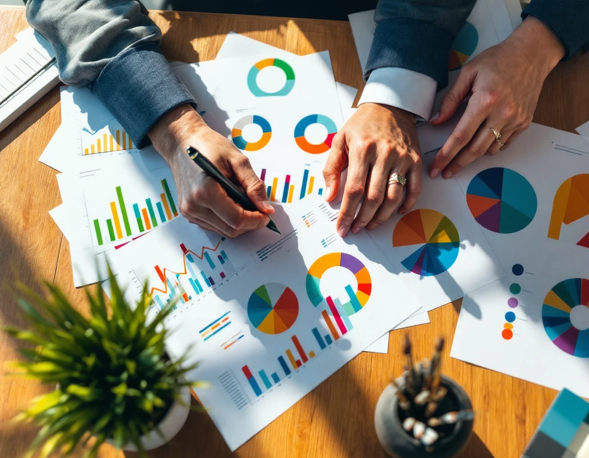 Overhead view of business planning documents and hands reviewing colorful scheduling charts on office desk