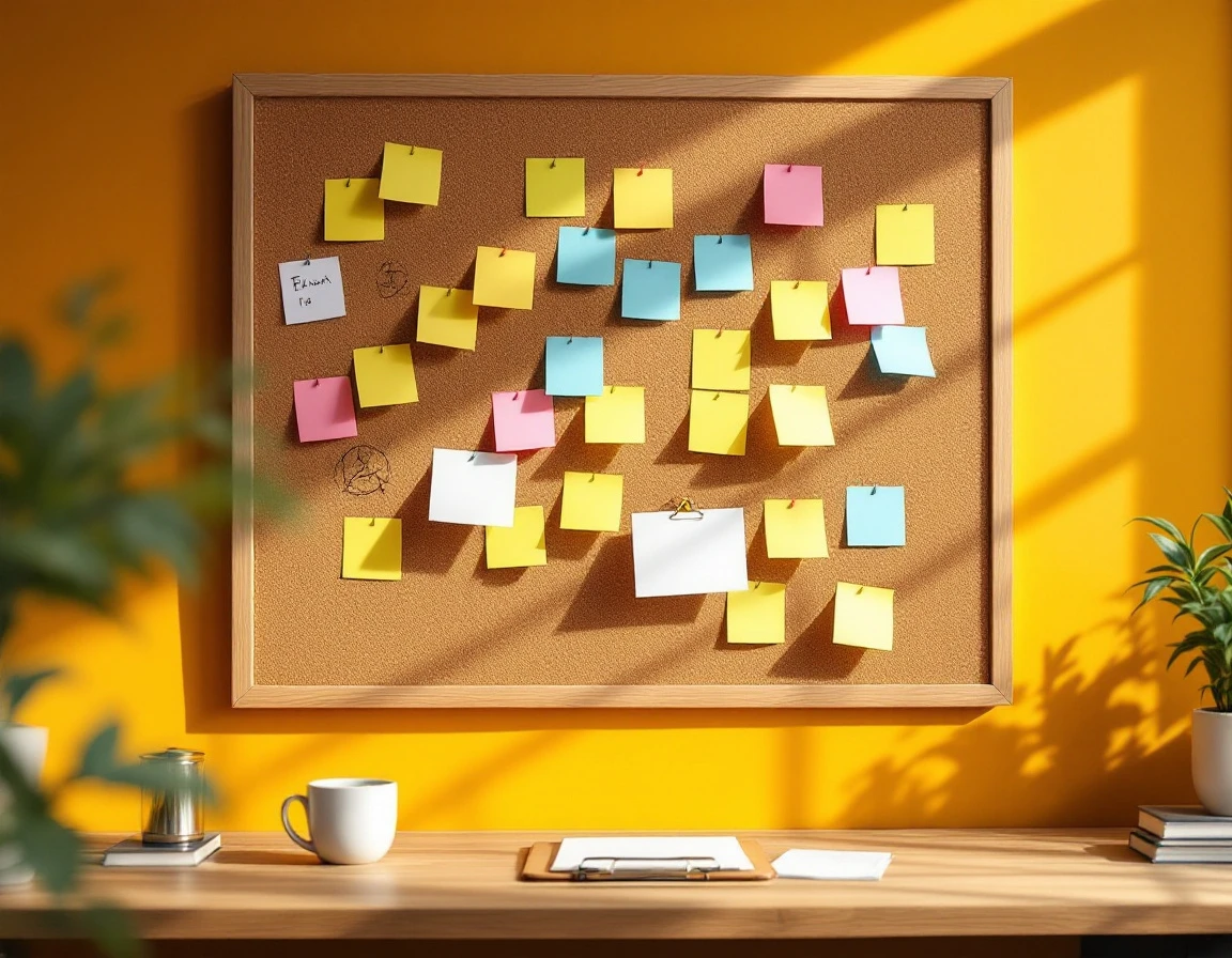 Cork board with colorful sticky notes and clipboard suggesting workforce planning and schedule coordination