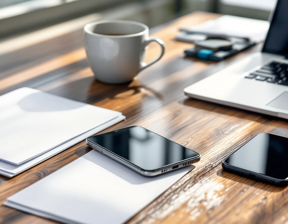 Professional workspace with blank notepad, smartphone, and coffee mug on wooden desk with natural lighting