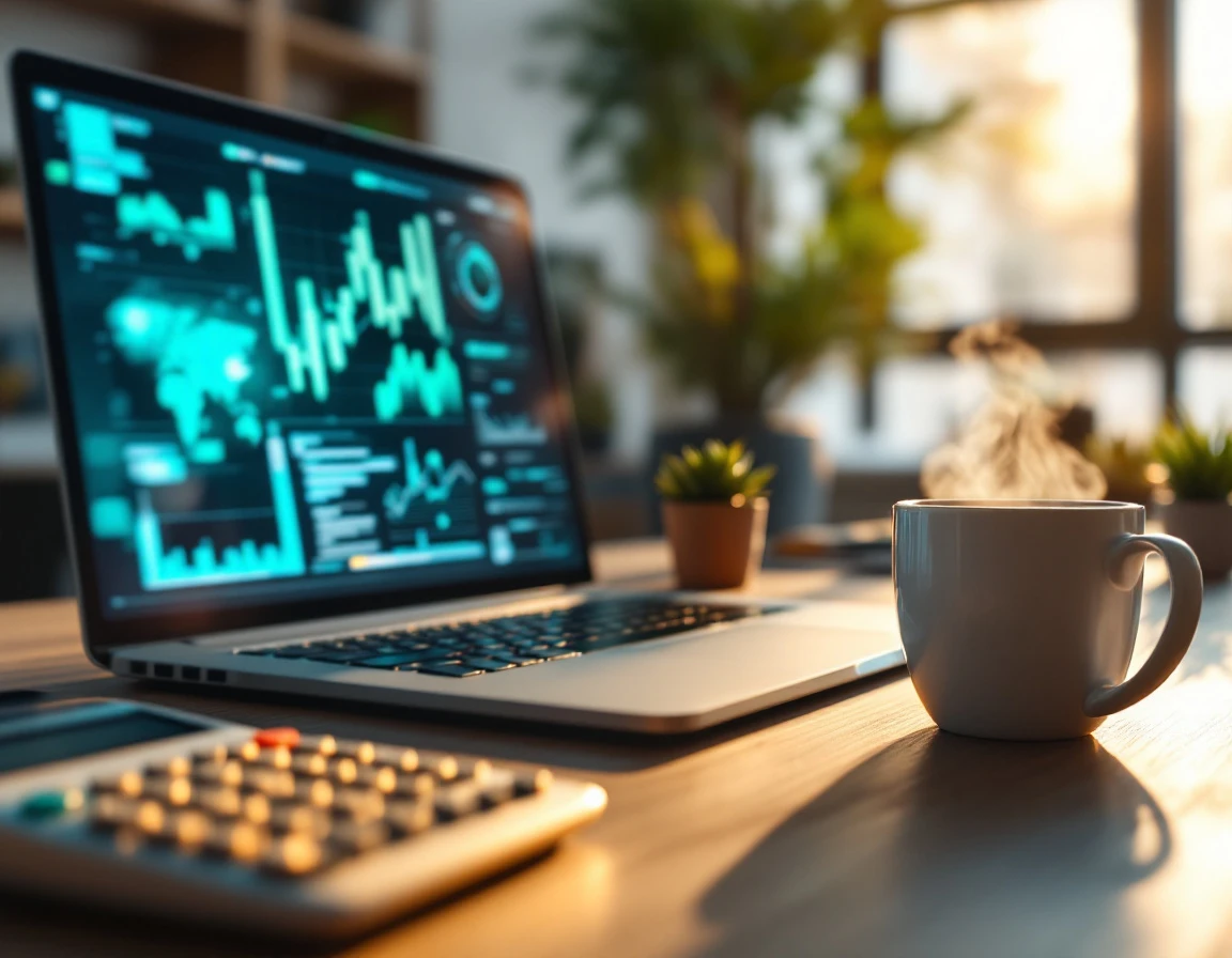Clean office workspace with laptop, calculator, and coffee mug in golden hour lighting