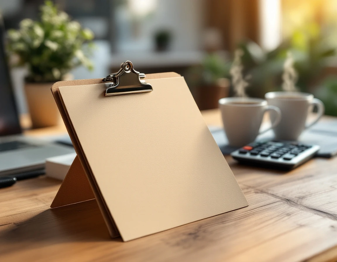 Blank clipboard with calculator and coffee on wooden desk in office setting for labor planning