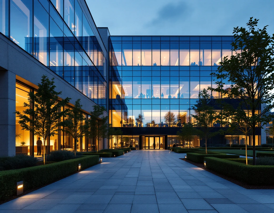 Modern corporate headquarters building at dusk representing organizational transformation and accountability