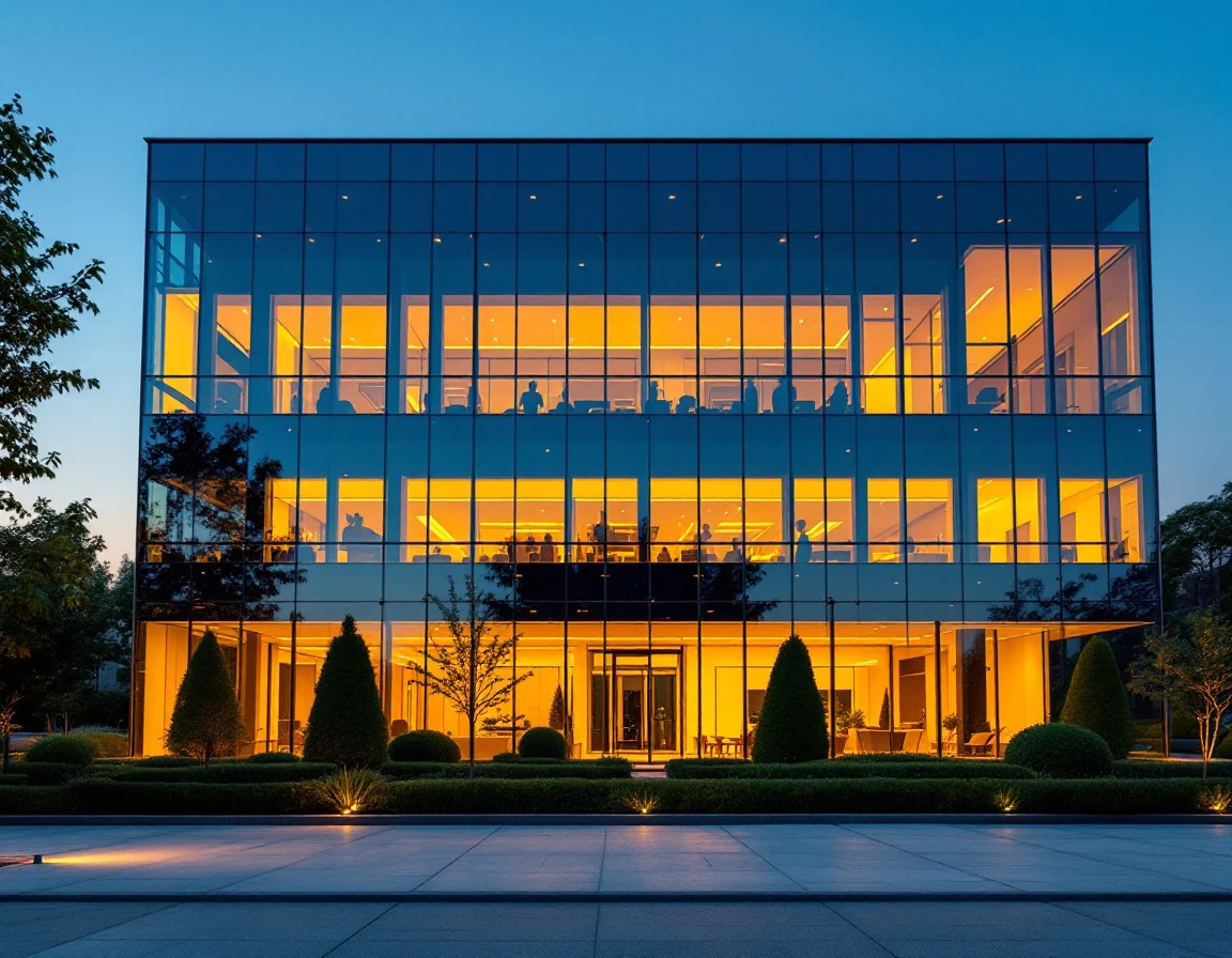 Corporate office building exterior at dusk with illuminated windows creating patterns against reflective glass facade